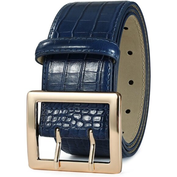 Women Leather Wide Fashion Thick Dress Belt With Gold Buckle Belt Navy Gold - Picture 2 of 6